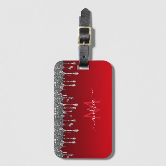 シルバーグリッターグラムレッドグラディエントモノグラム&名前 ラゲッジタグ (正面縦)