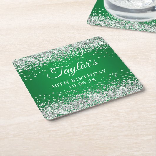 シルバーグリッターグリーン40歳の誕生日 スクエアペーパーコースター (アングル)