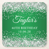 シルバーグリッターグリーン40歳の誕生日 スクエアペーパーコースター (正面)