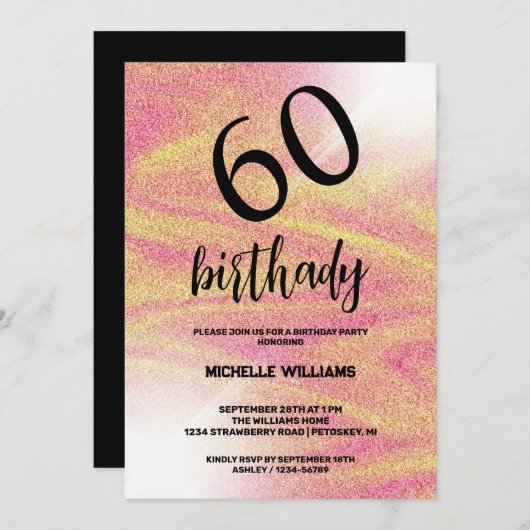 シルバーグリッターコーラルカリグラフィー誕生日 招待状 (正面/裏面)