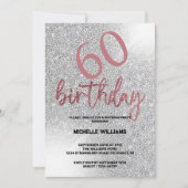 シルバーグリッターコーラルカリグラフィー誕生日 招待状 (正面)