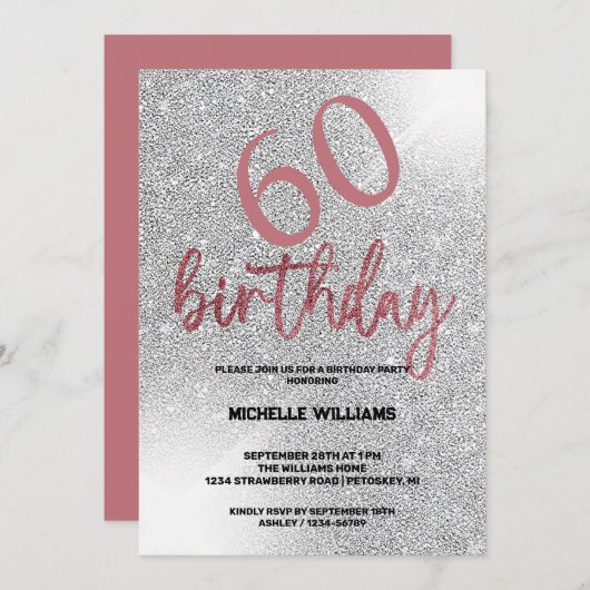 シルバーグリッターコーラルカリグラフィー誕生日 招待状 (正面/裏面)