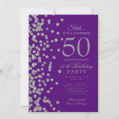  シルバーグリッターサプライズ50歳の誕生日パープル 招待状 (正面)