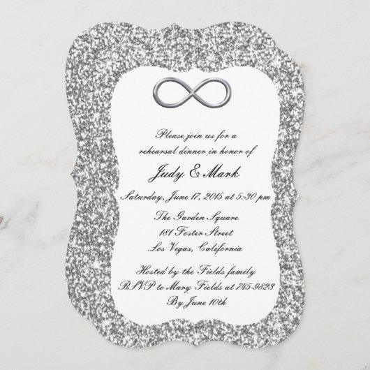 シルバーグリッターシルバーインフィニティリハーサルディナー 招待状 (正面/裏面)