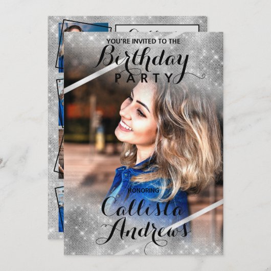 シルバーグリッターシークインズコーナーズフォト誕生日 招待状 (正面/裏面)