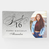 シルバーグリッタースウィート16パーソナライズされた写真 横断幕 (横)