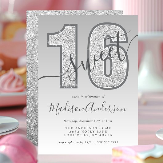 シルバーグリッタースクリプトスウィート16バースデーパーティー 招待状