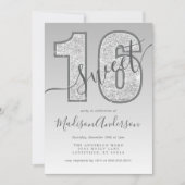 シルバーグリッタースクリプトスウィート16バースデーパーティー 招待状 (正面)