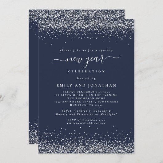 シルバーグリッタースクリプトブルーニューイヤーイブパーティー 招待状 (正面/裏面)