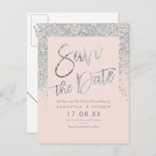シルバーグリッタースクリプト赤面ピンク日付を保存 案内ポストカード (正面/裏面)