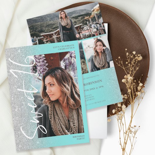 シルバーグリッタースグラデーションクリプトティール(緑がかった色)4 photos Sweet 16 招待状