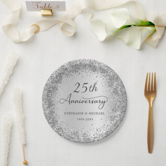 シルバーグリッタースタイル 25周年記念結婚式 ペーパープレート (ウェディング)