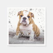 シルバーグリッタースターカスタムズ誕生日フォトペットドッグ スタンダードカクテルナプキン (正面)