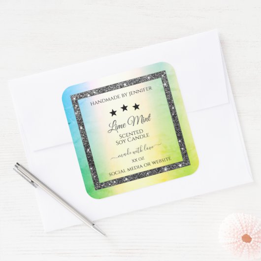 シルバーグリッタースターズプロダクトラベルティール（緑がかった色）黄色 スクエアシール (封筒)