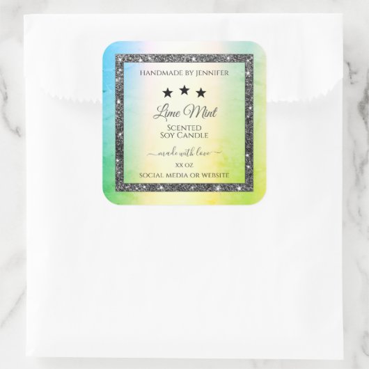 シルバーグリッタースターズプロダクトラベルティール（緑がかった色）黄色 スクエアシール (バッグ)