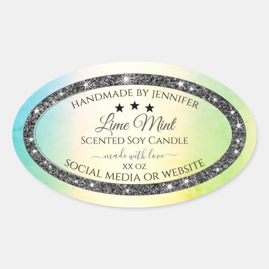 シルバーグリッタースターズプロダクトラベルティール（緑がかった色）黄色 楕円形シール (正面)