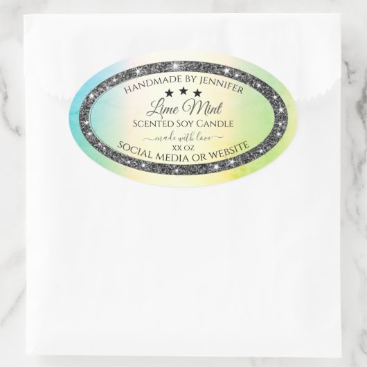 シルバーグリッタースターズプロダクトラベルティール(緑がかった色)黄色 楕円形シール (バッグ)