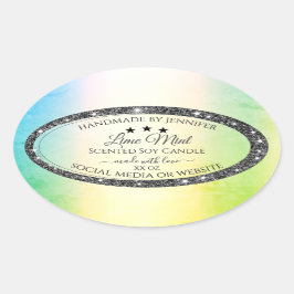 シルバーグリッタースターズプロダクトラベルティール（緑がかった色）黄色 楕円形シール