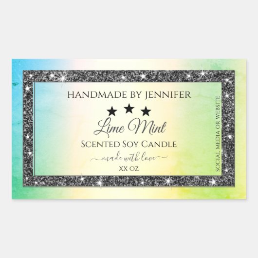 シルバーグリッタースターズ製品ラベルティール（緑がかった色）イエロー 長方形シール (正面)