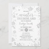 シルバーグリッタースノーフレークスウィンター誕生日 招待状 (正面)