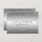 シルバーグリッタースノーフレークスウェディングRSVPカード 出欠カード (正面/裏面)