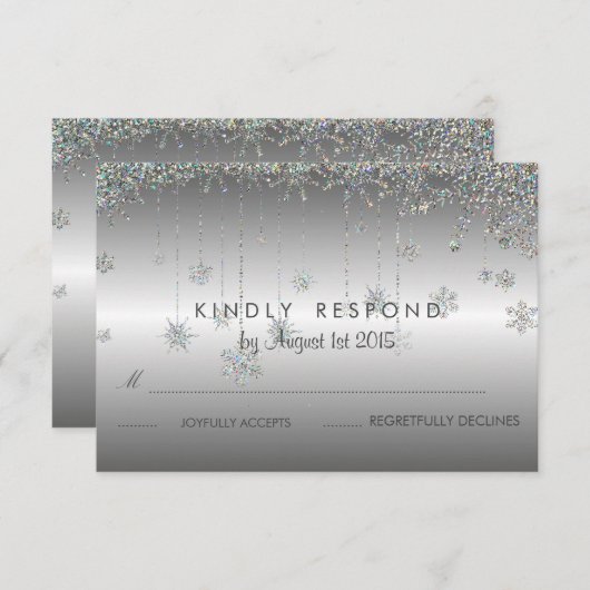 シルバーグリッタースノーフレークスウェディングRSVPカード 出欠カード (正面/裏面)