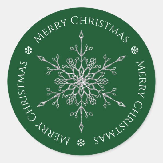 シルバーグリッタースノーフレークメリークリスマスグリーン ラウンドシール (正面)