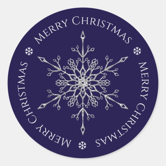 シルバーグリッタースノーフレークメリークリスマスネイビーブルー ラウンドシール (正面)