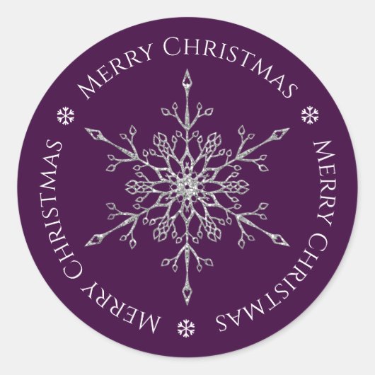 シルバーグリッタースノーフレークメリークリスマスパープル ラウンドシール (正面)