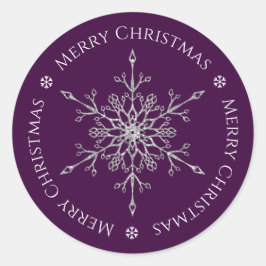 シルバーグリッタースノーフレークメリークリスマスパープル ラウンドシール