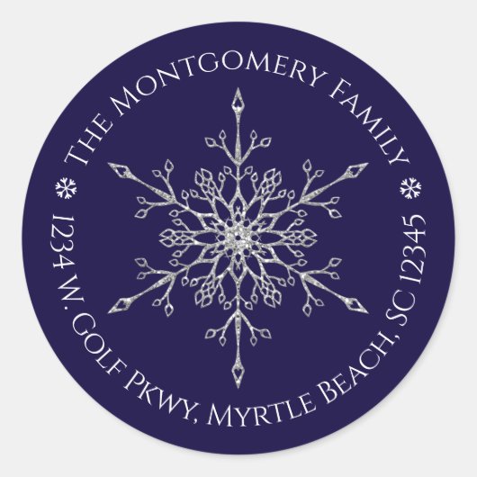 シルバーグリッタースノーフレーク名住所クリスマス ラウンドシール (正面)
