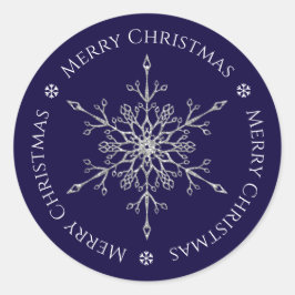 シルバーグリッタースノーフレーク メリークリスマス ネイビーブルー ラウンドシール