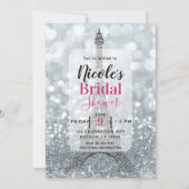 シルバーグリッタースパークルエッフェルタワーブライダルシャワー 招待状 (正面)