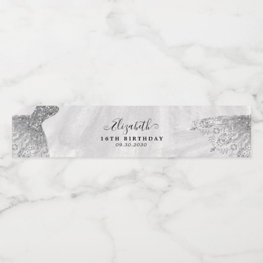 シルバーグリッタースパークルガウンスウィート16誕生日 ペットボトルラベル (シングルラベル)