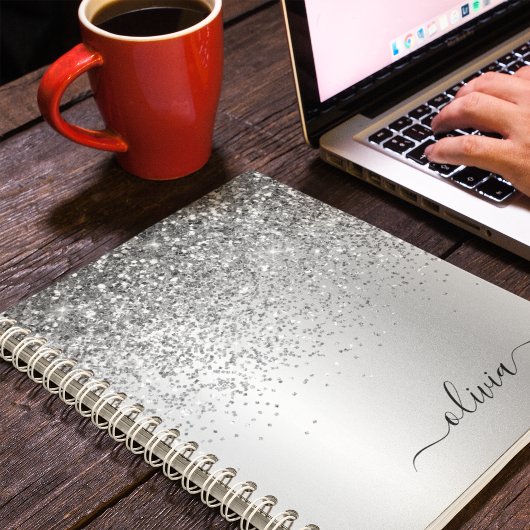 シルバーグリッタースパークルグラムメタルモノグラム名 ノートブック