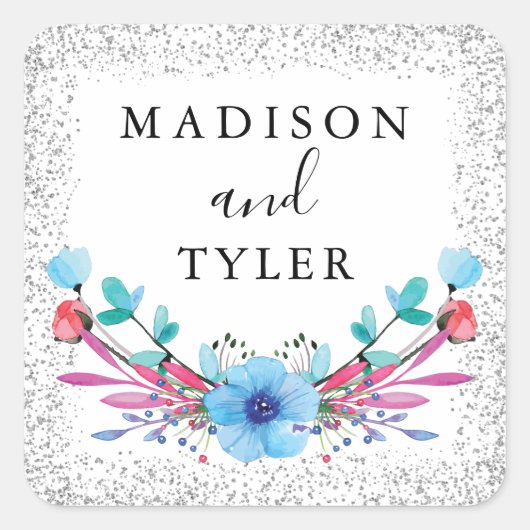 シルバーグリッタースパークルスウォーターカラーフローラリース スクエアシール (正面)