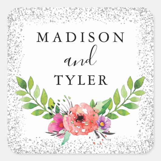 シルバーグリッタースパークルスウォーターカラーフローラリース スクエアシール (正面)