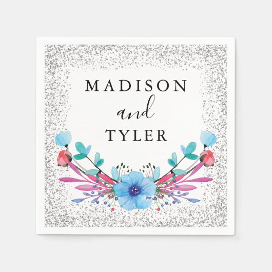 シルバーグリッタースパークルスウォーターカラーフローラリース スタンダードカクテルナプキン (正面)