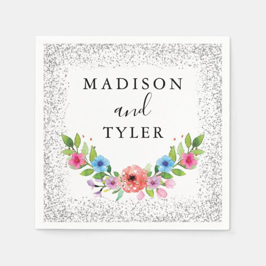 シルバーグリッタースパークルスウォーターカラーフローラリース スタンダードカクテルナプキン (正面)