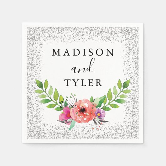 シルバーグリッタースパークルスウォーターカラーフローラリース スタンダードカクテルナプキン (正面)