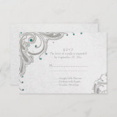 シルバーグリッタースワール+アクアジュエリー結婚式RSVP 出欠カード (正面/裏面)