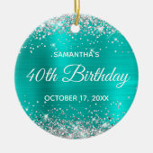 シルバーグリッターターコイズフォイル40th誕生日 セラミックオーナメント (正面)