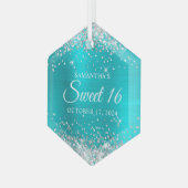 シルバーグリッターターコイズブルーフォイルスウィート16 ガラスオーナメント (正面左)