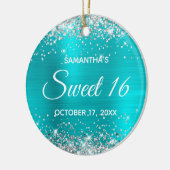 シルバーグリッターターコイズブルーフォイルスウィート16 セラミックオーナメント (左)