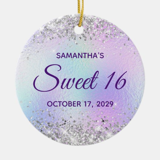 シルバーグリッターターコイズブルーフォイルスウィート16 セラミックオーナメント (正面)