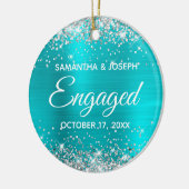 シルバーグリッターターコイズブルーフォイル婚約した セラミックオーナメント (左)