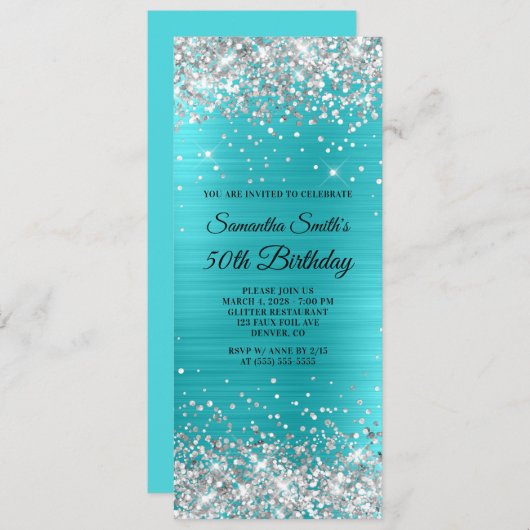 シルバーグリッターターコイズブルーフォイル50誕生日 招待状 (正面/裏面)