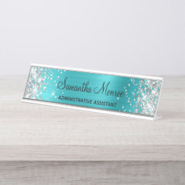 シルバーグリッターターコイズブルーフォイル デスクネームプレート