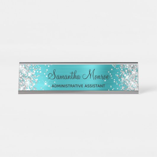シルバーグリッターターコイズブルーフォイル デスクネームプレート (正面)