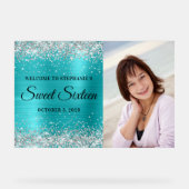 シルバーグリッターターコイズブルーフォイルSweet sixteen アクリルサイン (正面)